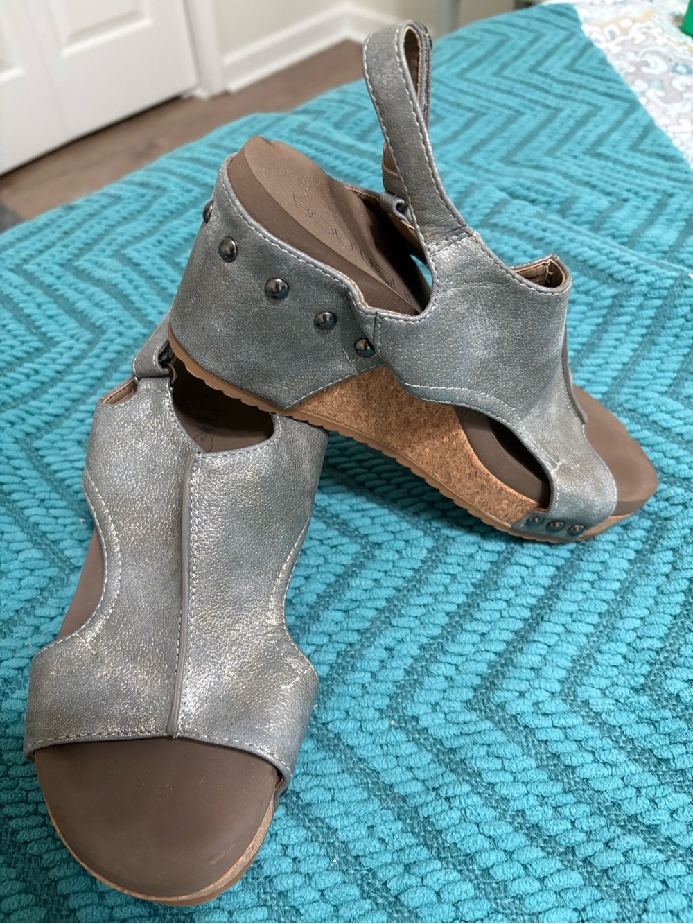 Silver Metallic Cork Wedge Sandals with Stud Detail